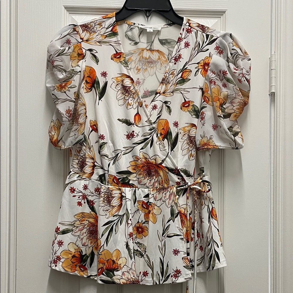 PerSeption Concept Floral Wrap Blouse - Orange, Yellow, Cream